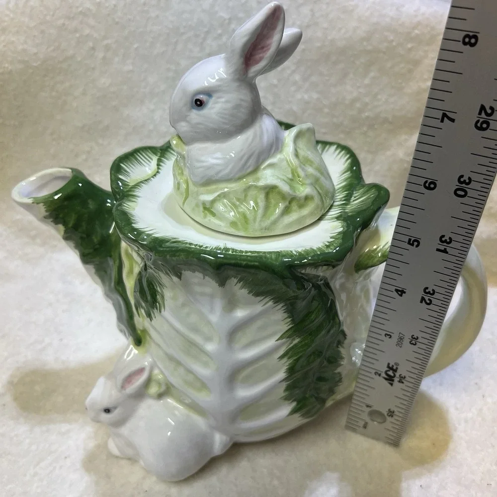 Vintage Taiwan Decorative Bunny In Cabbage Teapot 34‎ oz. Cottage Core